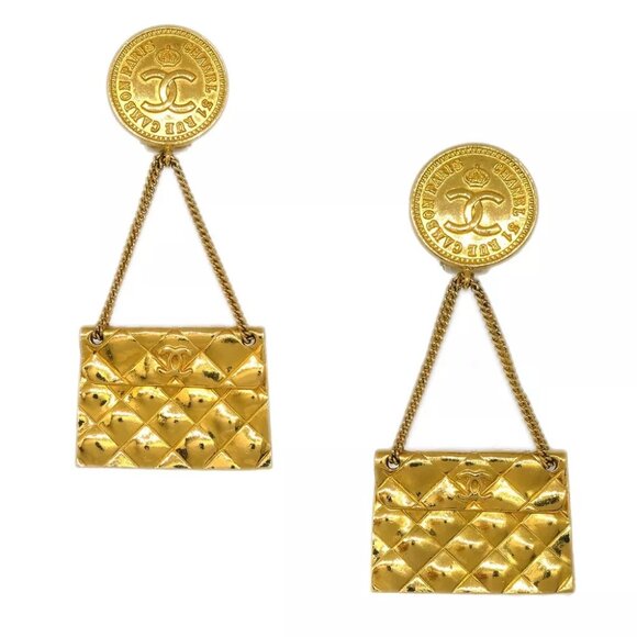 Chanel Gold Bag Dangle Earrings Clip-On - Picture 1 of 4